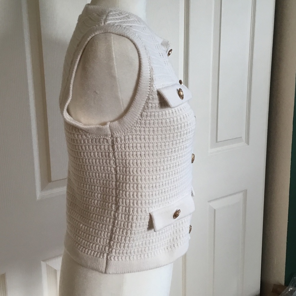 White Sleeveless Knit Button Front Vest with Gold Buttons - Picture 5 of 8